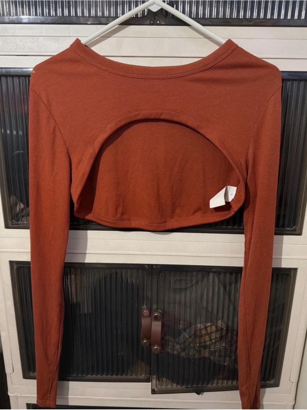 Ribbed Rust Long-Sleeve Crop Top with Open Back